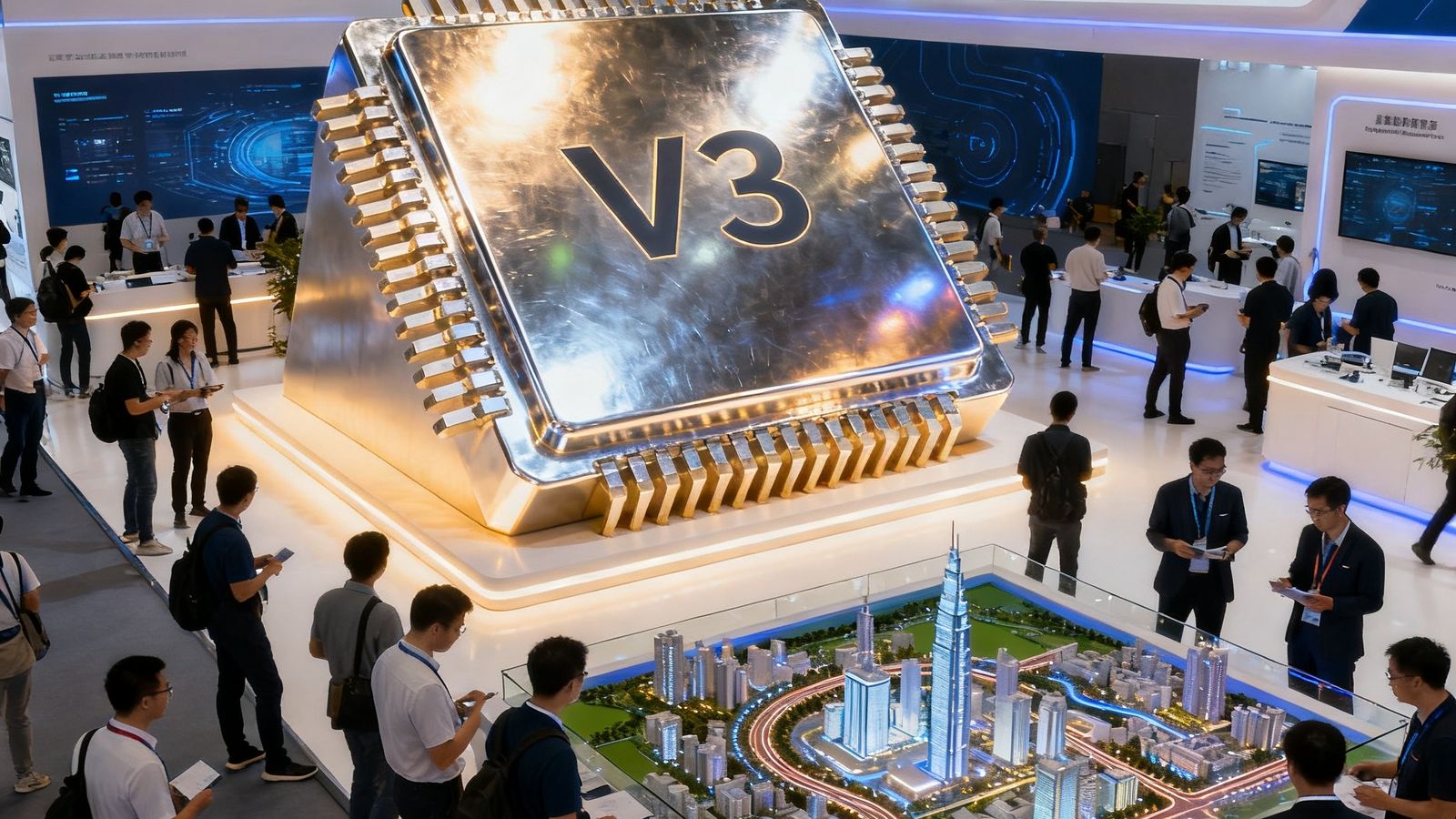 2025年深圳安博会上OB视讯集团展台全景，展台中央摆放着V3芯片巨型模型和智慧城市沙盘，参观者络绎不绝地与工作人员交流