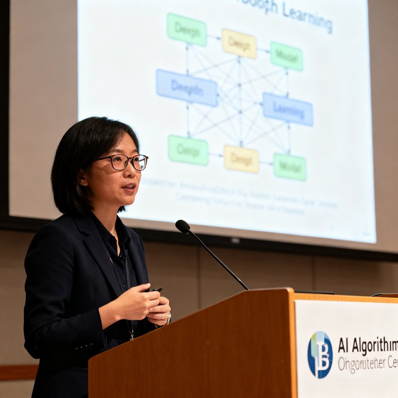 OB视讯AI算法首席科学家林晓薇戴着眼镜站在学术会议讲台前做报告，身后投影屏幕显示深度学习模型架构图