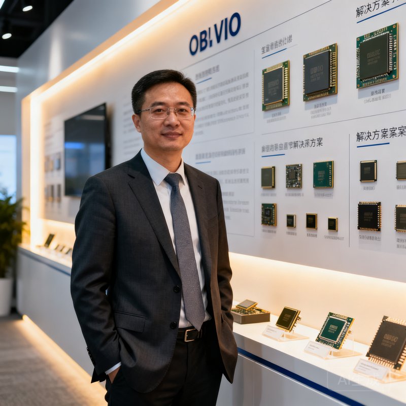 OB视讯COO周正宇身穿商务西装站在公司展厅前，身旁展示着公司历代芯片产品与解决方案案例墙