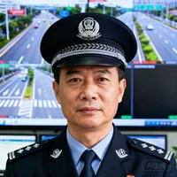 深圳某区交警大队负责人王建国佩戴警帽的正面半身照，背景为交通指挥中心监控大屏