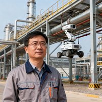 连云港石化基地安全总监李明远穿着工装站在厂区管廊前的半身照，背景可见巡检机器人正在作业